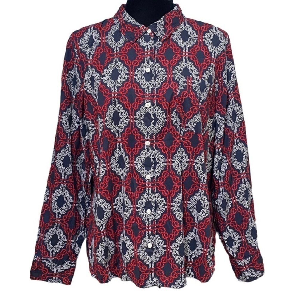 Tommy Hilfiger Scarlet Blue Geometric Button-Up Utility Shirt Roll-Tab Large - Picture 2 of 7